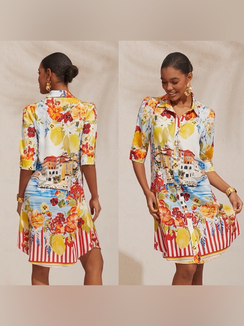 ADOR Santorini Summer Silky Scenic Floral Shirt Dress sz M